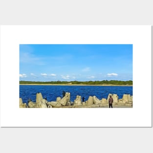 People fishing with a line on an old stone pier on a clear day Posters and Art